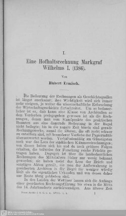 I. Eine Hofhaltsrechnung Markgraf Wilhelms I. (1386)