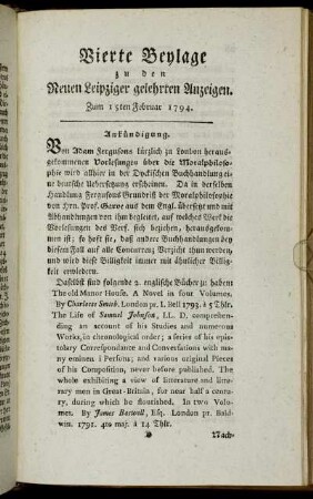 Vierte Beylage zu den Neuen Leipziger gelehrten Anzeigen. Zum 15ten Februar 1794.