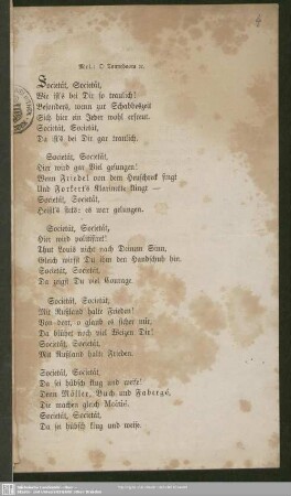 [Tafel-Lied Societaet] : Societaet, Societaet ... [Text]; Mel.: Oh Tanneboom [et]c.