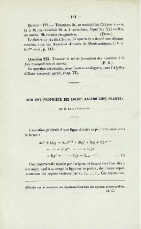 Sur une propriété des lignes algébriques planes.