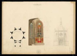 Waldkapelle Monatskonkurrenz Dezember 1827: Grundriss, Aufriss Eingangsseite, Querschnitt in Richtung Altar; Maßstabsleiste