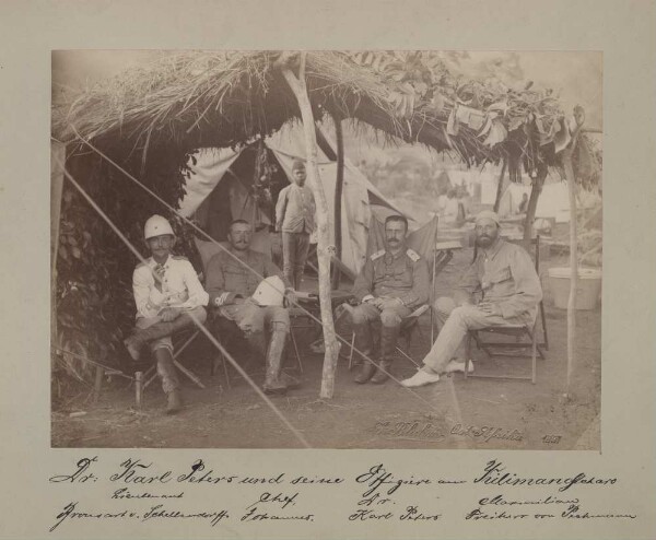 Dr Karl Peters and his officers on Kilimanjaro. Lieutenant Bronsart v. Schellendorff, Chief Johannes, Dr Karl Peters, Maximillian Freiherr von Pechmann