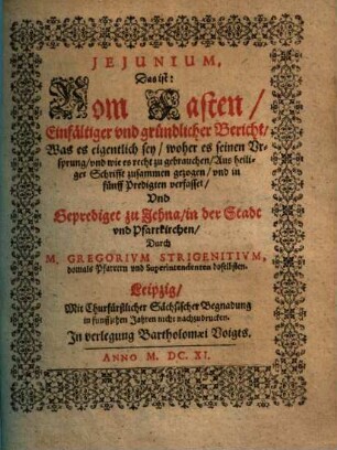 Ieiunium d.i. vom Fasten 5 Predigten