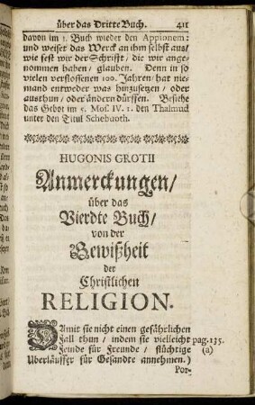 Anmerckungen/ über das Vierdte Buch.