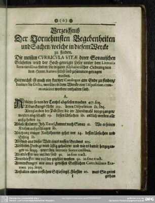 Verzeichniß der Vornehmsten Begebenheiten und Sachen, welche in diesem Werckle zu finden