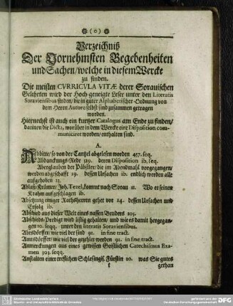 Verzeichniß der Vornehmsten Begebenheiten und Sachen, welche in diesem Werckle zu finden