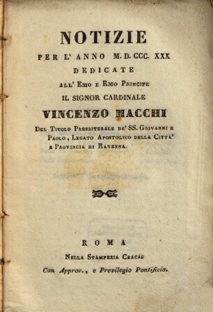 Notizie : per l'anno .... 1830