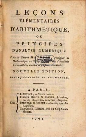 Leçons élémentaires d'Arithmétique : ou principes d'analyse numérique