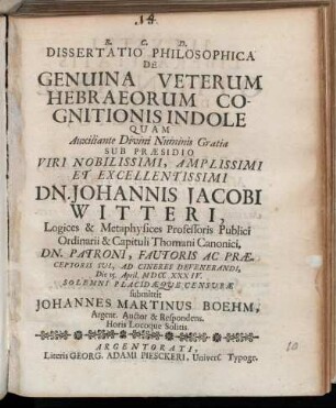 Dissertatio Philosophica De Genuina Veterum Hebraeorum Cognitionis Indole