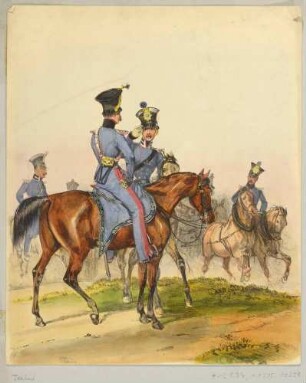 Die Transporteinheit (Train) der Königlich Sächsischen Armee mit Reitern im Vordergrund, aus: Das deutsche Bundesheer in charakteristischen Gruppen, Bd. 2 Sachsen u. a.
