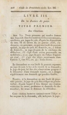 Livre III. De la Justice de paix. Drittes Buch. Von den Friedensgerichten