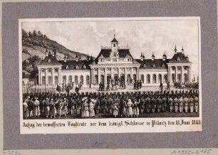 Aufzug der bewaffneten Landleute vor dem neuen Schloss Pillnitz am 18. Juni 1848