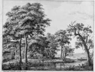 Bauernhof am Fluss (Fischer angelnd im Boot) - Nr. 4 einer Folge Landschaften, rechts unten numeriert
