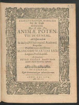 Exercitationum Nobilium Peri tēs Psychēs Secunda Quae est prior De Animae Potentiis In Genere