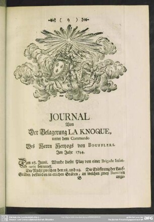 Journal Von Der Belagerung La Knoque, unter dem Commando Des Herrn Hertzogs von Boufflers. Im Jahr 1744