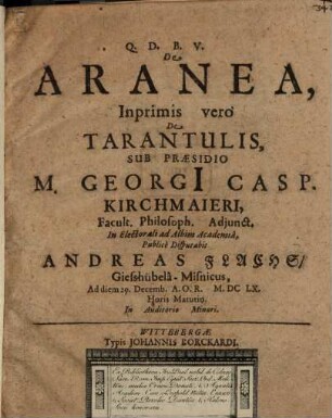 Disp. de aranea, inprimis vero de tarantulis