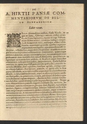 A. Hirtii Pansae Commentariorum De Bello Alexandrino Liber unus.