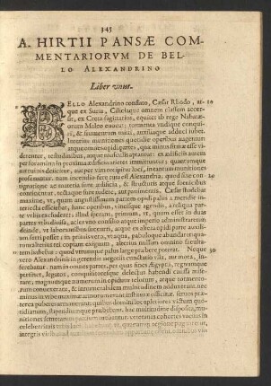 A. Hirtii Pansae Commentariorum De Bello Alexandrino Liber unus.