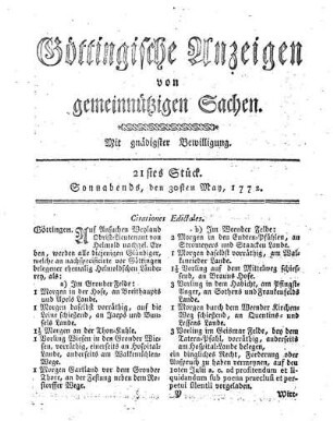21stes Stück. Sonnabends, den 30sten May, 1772.