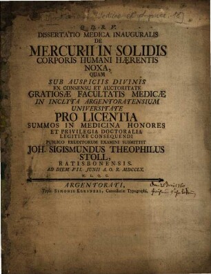 Dissertatio Medica Inauguralis De Mercurii In Solidis Corporis Humani Haerentis Noxa