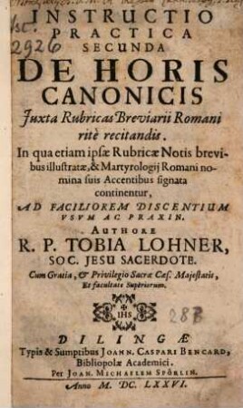 Instructio practica ..., 2. De horis canonicis ... - 1676