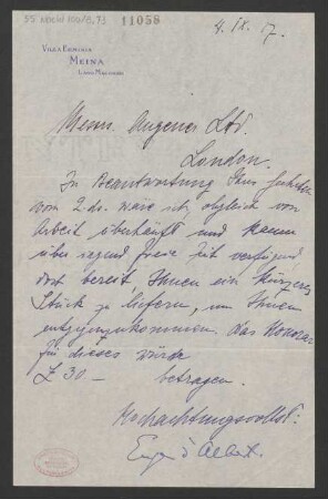 Brief an Augener Ltd.  : 04.09.1907