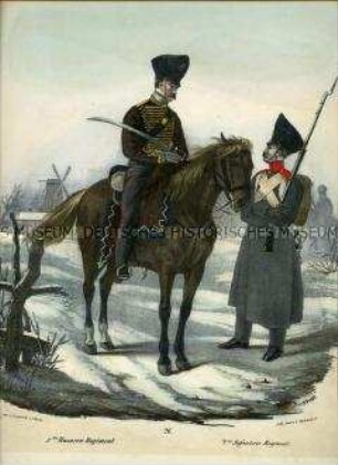 Uniformdarstellung, Husar des 5. Husaren-Regiments zu Pferd, Infanterist des 2. Infanterie-Regiments, Preußen 1830. Aus: Elzholz u.a.: Das Preussische Heer. Tafel 26.