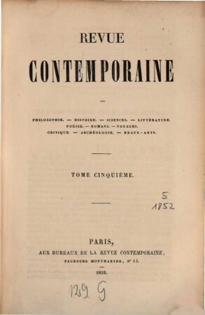 Revue contemporaine. 5. 1852