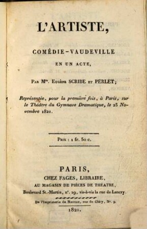 L' artiste : comédie-vaudeville en un acte