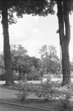 Kurpark: Blick von Hauptgebäude der Kreisverwaltung [später Gebäude A] Richtung Sülzberg und Bangertstraße: vorn Rosensträucher, rechts und links Bäume, rechts Fahnenmast: hinten Grünanlage
