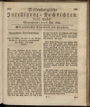 XLIX. Stück. Sonnabends: den 6. Dec. 1794.
