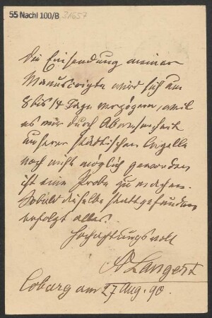 Brief an B. Schott's Söhne : 27.08.1890