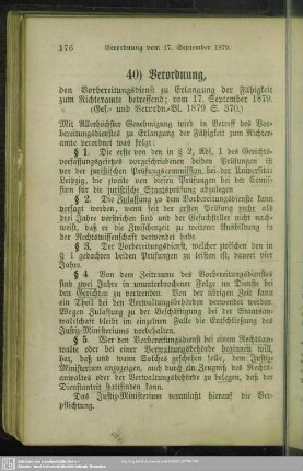 40) Verordnung, den Vorbereitungsdienst zu Erlangung der Fähigkeit zum Richteramte betreffend; vom 17. September 1879
