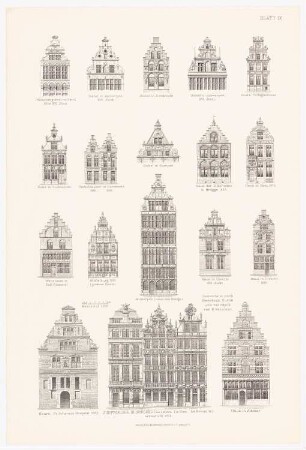 Zunfthäuser, Brüssel. Giebel, Gent, Antwerpen, Dordrecht: Ansichten (aus: Baukunst d. Renaissance in Belgien u. Holland, hrsg. v. Zeichenaussch. d. Stud. d. TH Berlin, 1875)
