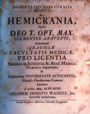 Dissertatio Inavgvralis Medica de Hemicrania
