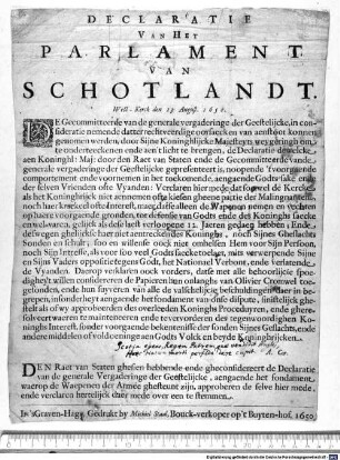DECLARATIE VAN HET PARLAMENT VAN SCHOTLANDT. : West-Kerck den 13 August. 1650.