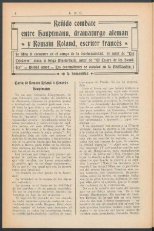 Reñido combate entre Hauptmann, dramaturgo alemán y Romain Roland, escritor francés