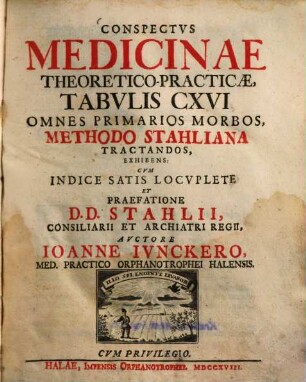 Conspectvs Medicinae Theoretico-Practicae, : Tabvlis CXVI Omnes Primarios Morbos, Methodo Stahliana Tractandos, Exhibens