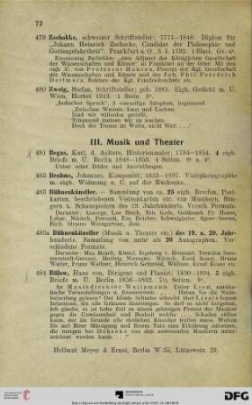 III. Musik und Theater (Nr. 481-540)