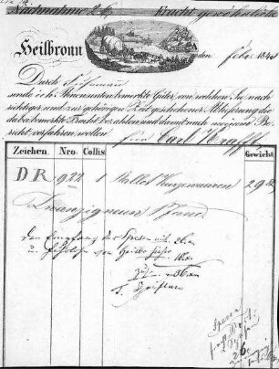 ausgefüllter Heilbronner Frachtbrief-Vordruck (Vignette mit Fuhrwerk u. Segelschiff)