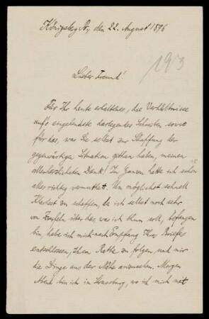Nr. 11: Brief von Hermann Minkowski an Adolf Hurwitz, Königsberg, 22.8.1896