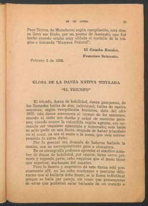 Glosa de la danza nativa titulada "el triunfo"