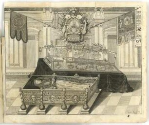 Ludolph Lorenz von Krosigk aufgebahrt : Romstet, Christian: Ludolph Lorenz von Krosigk aufgebahrt. Kupferstich; 390 x 490 mm (Plattenrand). Aus: Müller, Daniel: Kurtzer Trauer-Sermon ... bey Beerdigung des ... Herrn Ludolph Lorenzen von Krosigk, auff Hohen Erxleben und Rathmanßdorff Erbherrn, ... Krieges-Raths, ... welcher den 13. Sept. 1673 ... diese Welt gesegnet. Cöthen, 1674. Dresden: SLUB Hist.Sax.D.171