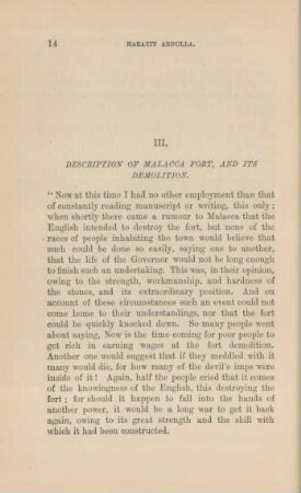 III. Description of Malacca Fort, and its demolition