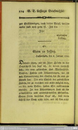40. Gleim an Lessing. Halberstadt, den 8. Januar 1760