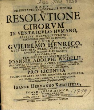 Dissertatio Inavgvralis Medica De Resolvtione Ciborvm In Ventricvlo Hvmano