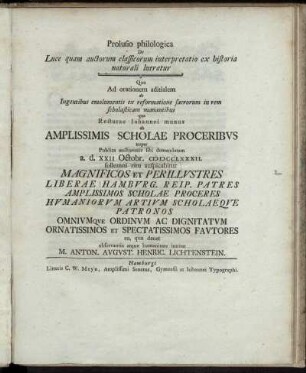 Prolusio philologica De Luce quam auctorum classicorum interpretatio ex historia naturali lucratur