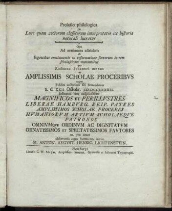 Prolusio philologica De Luce quam auctorum classicorum interpretatio ex historia naturali lucratur