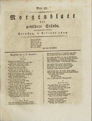 Nro. 27. Dienstag, 1. Februar 1820. - Nro. 32. Montag, 7. Februar 1820.