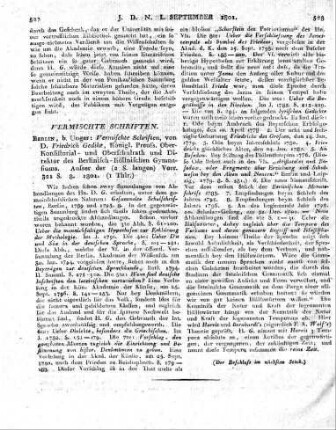 Berlin, b. Unger: Vermischte Schriften, von D. Friedrich Gedike, Königl. Preuss. Oberkonsistorial- und Oberschulrath und Direktor des Berlinisch-Köllnischen Gymnasiums. Ausser der (2 S. langen) Vorr. 321 S. 8. 1801.